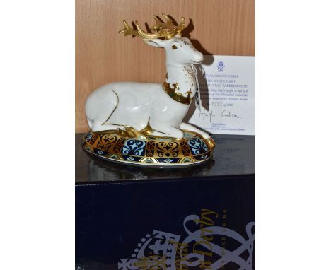 A ROYAL CROWN DERBY 'THE WHITE HART' HERALDIC STAG PAPERWEIGHT, third in the series of Heraldic Beasts, designed by Louise Ad