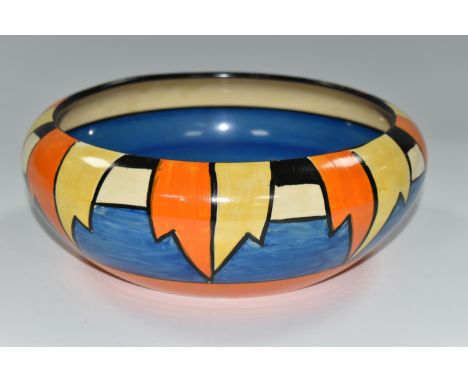 A CLARICE CLIFF 'NEW FLAG' DESIGN BOWL, blue, orange and black banded interior, diameter 25cm, backstamp 'Hand painted, Bizar