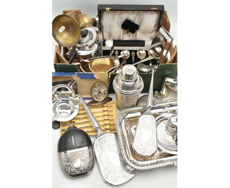 A BOX OF ASSORTED WHITE METAL WARE, to include a three piece tea set comprising of a teapot, sugar bowl and milk jug, an EP c