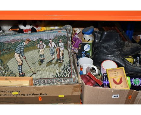 THREE BOXES AND LOOSE SPORT RELATED ITEMS, TOYS AND GAMES, to include a pair of black ice skates - approximately adult size 7