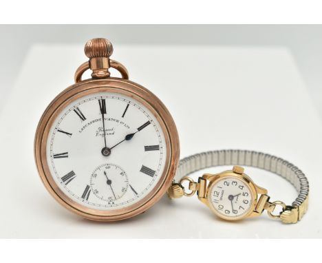 A POCKET WATCH AND WRISTWATCH, the first a manual wind, open face pocket watch, white dial, signed 'Lancashire Watch Co Ltd' 