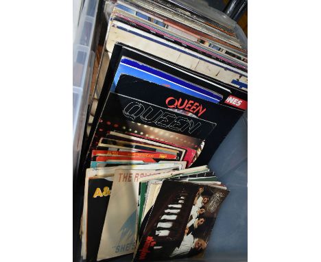 A BOX OF LP RECORDS AND 7 INCH SINGLES ETC, album artists include Billy Joel, Roxy Music, Moody Blues, Pogues, Bruce Springst