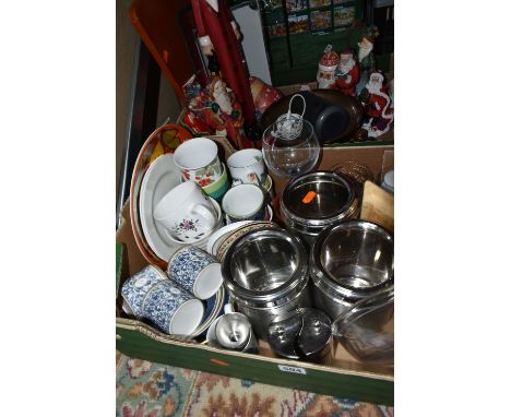 TWO BOXES OF GLASSWARE, CERAMICS, CHRISTMAS DECORATIONS, HOUSEHOLD ITEMS AND THREE LOOSE PICTURES, including two loose Jasper