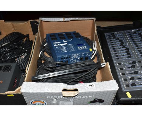TWO BOXES AND LOOSE OF SHOWTEC AND TRANSCENSION LIGHTING DIMMER PACKS AND CONTROL BOARD, CABLING, ETC, including a Transcensi