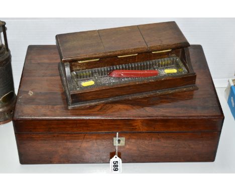 A WRITING SLOPE AND DESK STAND, comprising a writing slope with mother of pearl cartouche and escutcheon, width 40.5cm x heig