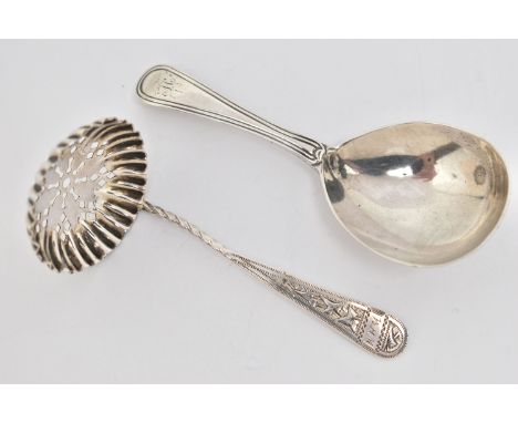 TWO SILVER SPOONS, the first a George III silver caddy spoon with engraved M initial to the terminal, hallmark for William El