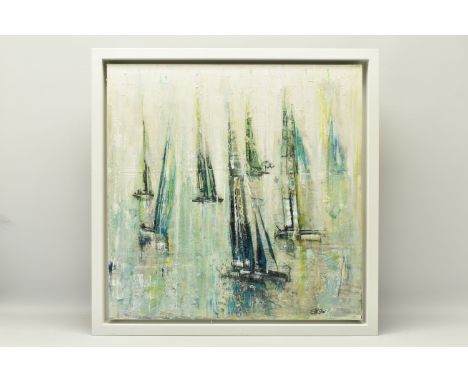 GILL STORR (BRITISH CONTEMPORARY) 'STAND STILL' six yachts under sail, signed bottom right, mixed media on canvas, approximat