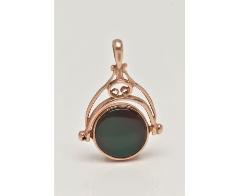 A 9CT GOLD SWIVEL FOB PENDANT, set with green chalcedony and carnelian inlays, scroll surmount with bail, hallmarked 9ct Shef