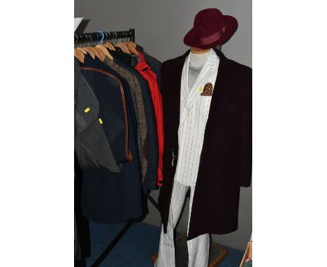 SEVENTEEN ITEMS OF GENTLEMEN'S CLOTHING AND A HAT, comprising two navy blue Jaeger 100% wool over coats, five tweed jackets, 