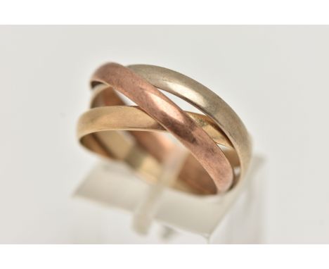 A 9CT GOLD TRI COLOUR RUSSIAN WEDDING RING, a white gold, yellow gold and rose gold ring all interlocked, approximate individ