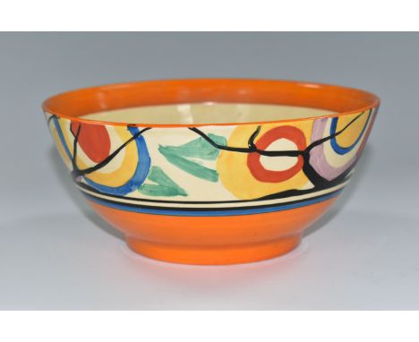 A FANTASQUE CLARICE CLIFF CIRCLE TREE PATTERN CIRCULAR BOWL, orange band to the inner rim, incised '7 1/2', black printed mar