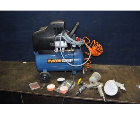 A WORKZONE AIR  COMPRESSOR with two spray guns and pneumatic sander/polisher (PAT pass and working) Condition Report: air fil