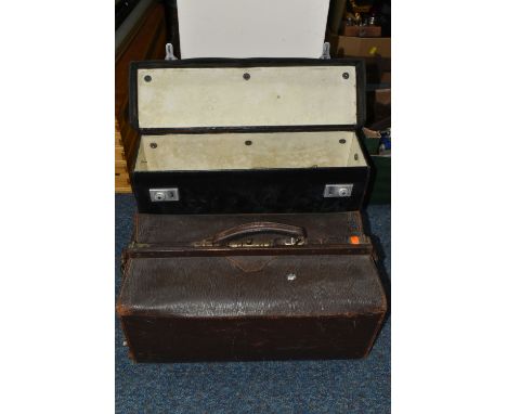 TWO CASES OF MEDICAL EQUIPMENT, to include forceps, tweezers, scissors, dressings and other tools, contained in a brown leath