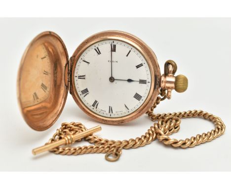 A ROLLED GOLD FULL HUNTER 'ELGIN' POCKET WATCH WITH ALBERT CHAIN, manual wind, round white dial signed 'Elgin', Roman numeral