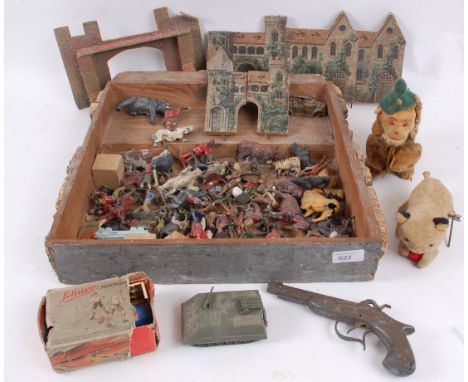 VINTAGE TOYS; An Edwardian wooden toy fort / castle along with a quantity of assorted lead soldiers / figures, a vintage boxe