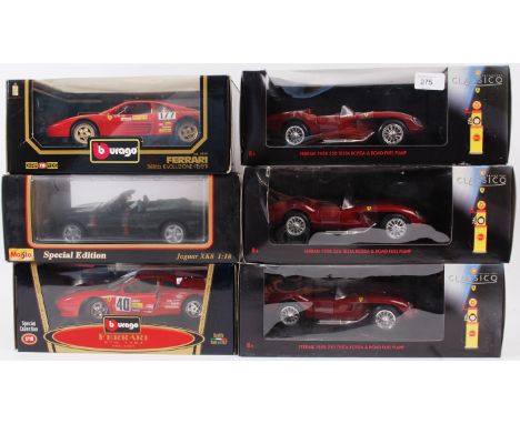 1:18 SCALE DIECAST; A collection of 6x 1:18 scale diecast model cars, 3x being Classico, 2x Burago and 1x Maisto. Each within