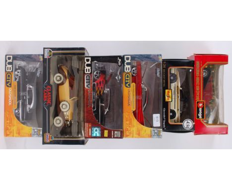 1:24 SCALE DIECAST; A collection of 6x 1:24 scale boxed diecast model cars, including three ' Dub City ' models, a Mira, Mais