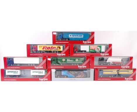 HERPA; A collection of 9x Herpa 1:76 scale diecast model advertising lorries and trailers. Each within the original boxes. 

