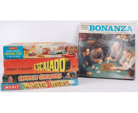 GAMES; A collection of 5x vintage board games, comprising of; Merit Driving Test, Escalado, Chinese Chequers, Magic Robot and