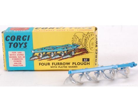 CORGI; An original vintage diecast model Corgi 61 Four Furrow Plough, in blue and silver. Within the original box. 

Note; fr