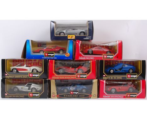 BURAGO; A collection of 9x Burago 1:24 scale boxed diecast model cars, each within their original display boxes.