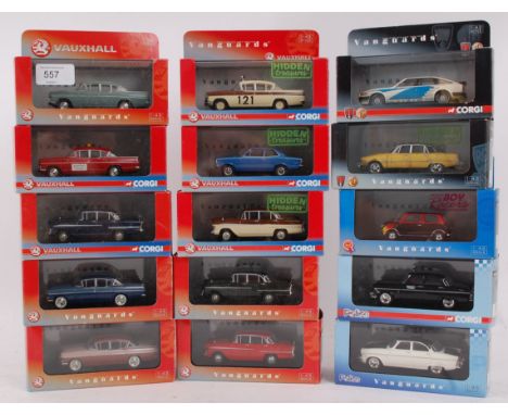 VANGUARDS; 15x Corgi Vanguards 1:43 scale diecast model cars - including Hidden Treasures series, Rover MG series, Police and