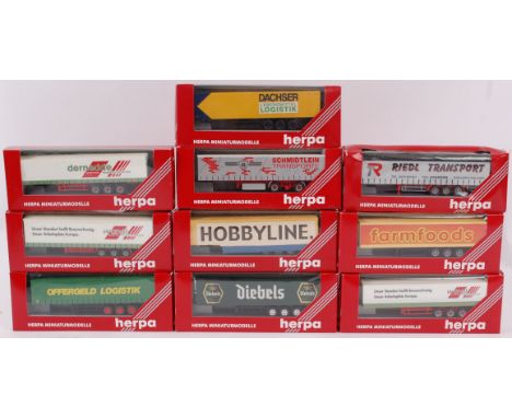 HERPA; A collection of 10x Herpa 1:76 scale diecast model advertising lorry trailers. Each within the original boxes. 

Note;