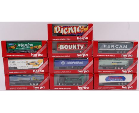 HERPA; A collection of 10x Herpa 1:76 scale diecast model advertising lorry trailers. Each within the original boxes. 

Note;