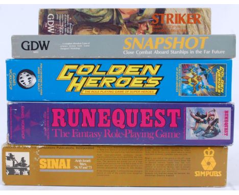 ROLE PLAYING GAMES; A collection of 5x vintage boxed role playing games - Sinai, Runequest, Golden Heroes, Snapshot and Strik