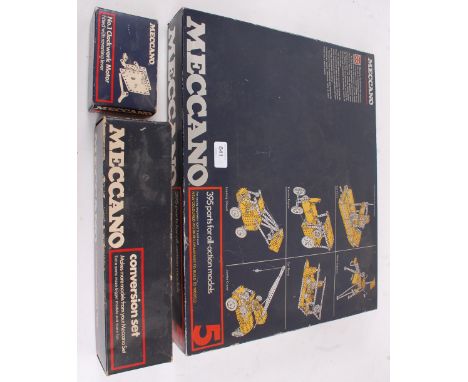 MECCANO; A collection of 3x blue box vintage Meccano sets - Set number 5, Conversion Set and No. 1 Clockwork Motor. Set 5 app