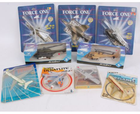 DIECAST PLANES; A collection of diecast model aeroplanes comprising of 3x ERTL ' Force 1' models, 2x Solido Helicopters, a Co