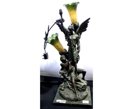 Art Nouveau style bronzed figural table lamp with two glass shades. Not available for in-house P&PCondition Report: All elect