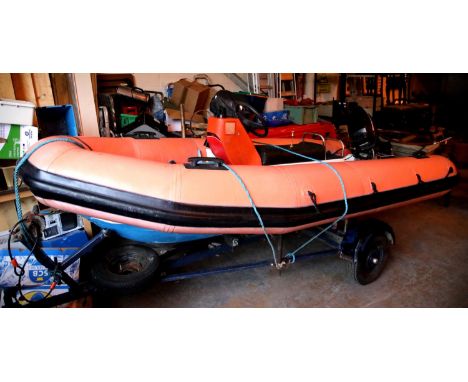 12ft Rigid Inflatable Boat. 25 HP Mercury 2 stroke engine- electric start. Roller trailer with lighting board. Tubes hold air