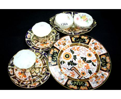 Royal Crown Derby pieces to include pattern 2451 cups and saucers, Derby Posies bowl and an Ashworth Ironstone cabinet plate.