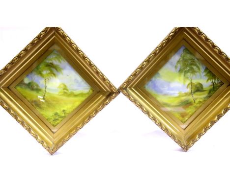 Attributed to CV White for Royal Worcester, a pair of painted ceramic square panels set within gilt frames, inscribed CV Whit