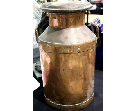 Large vintage Nestle branded copper milk churn with cover, H: 60 cm. Not available for in-house P&amp;P. 
