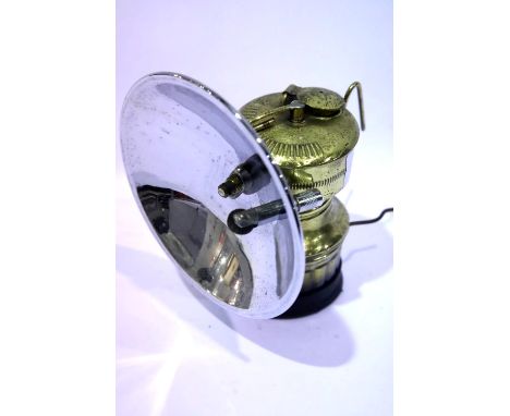 Antique brass bicycle lamp with chrome reflector, carbide powered with flint ignition. P&amp;P Group 2 (£18+VAT for the first