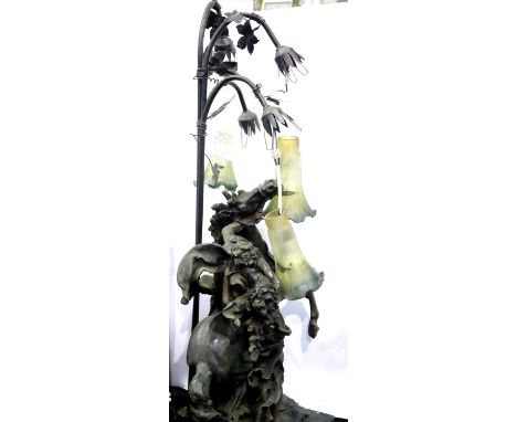 Large bronzed figural table lamp (damage to shades), H: 87 cm. Not available for in-house P&amp;P. Condition report: One shad