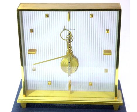 Boxed Jaeger LeCoultre Skeleton Baguette Table Clock, 8 Day movement in lacquered brass and translucent back holding the bato