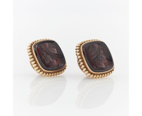 Pair of gold-plated cufflinks with hardstone carvings of Mercury/Hermes, with hinged backs marked with patent information, me