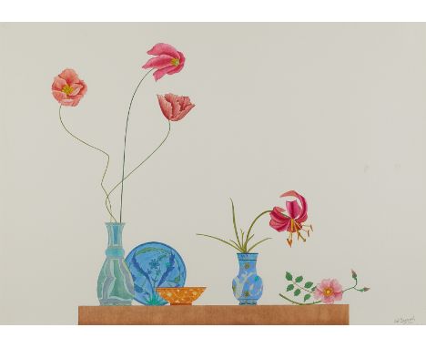 Ed Baynard (American, 1940-2016). Watercolor on paper painting titled "3 Poppies, 1 Lily, and A Rose" depicting red flowers, 