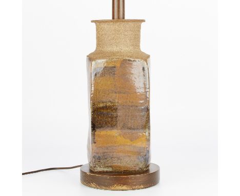 Brent Bennett (American, b. 1940). California studio ceramic pottery table lamp of a square form with recessed shoulder and f
