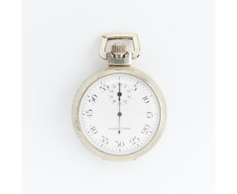 One Elgin stop watch in open face nickel case with white dial and Arabic numerals. Serial number 41181547. Back case inside m