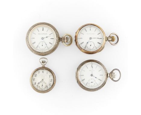 Group of four silver Elgin pocket watches including:One Elgin open face pocket watch in coin silver case with silvered dial a