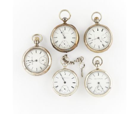 Group 5 sterling, coin, and silverode pocket watches, including:One Elgin National Watch Co. open face pocket watch in a ster