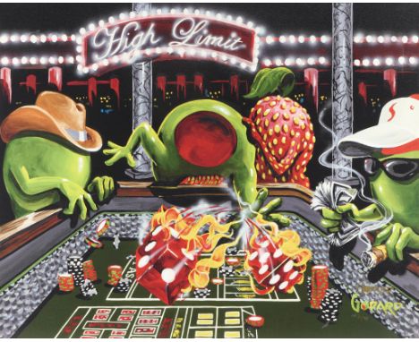 Michael Godard (American, 20th/21st c). Giclee on canvas titled "Shooter" depicting the artist's signature anthropomorphized 