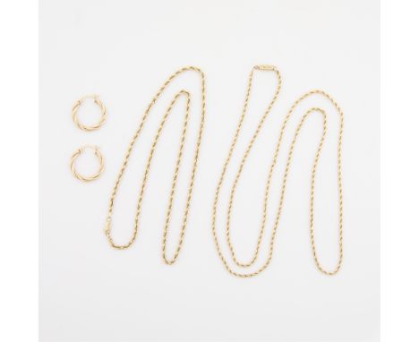 Group of 14k yellow gold jewelry, including:One 14k yellow gold twisted rope chain with a barrel clasp and safety latch. Mark