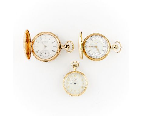 Group of three 14k yellow gold pocket watches, including:One Elgin pocket watch in a yellow gold hunter case engraved Dorothy