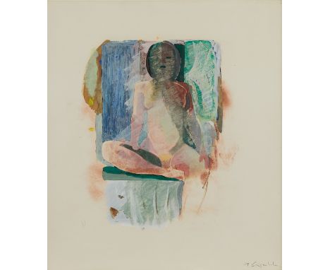 Ulf Gripenholm (Swedish, b. 1943). Mixed media on paper painting depicting a seated nude woman. Pencil signed along the lower