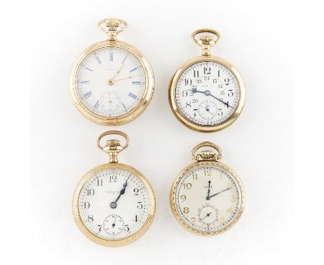 Group of four Elgin pocket watches including:One Elgin pocket watch in open face gold plated case with white dial and blue Ro